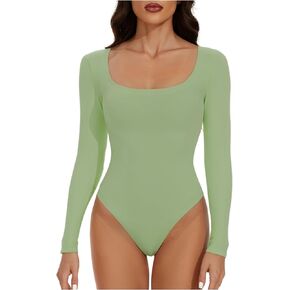 Women's 2 piece Long Sleeve Sexy Square Neck Shapewear Thong Bodysuit Tops Tummy Control Scoop Neck Shirts