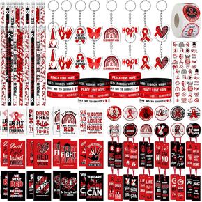 24 Sets Red Ribbon Week Items Include Red Ribbon Awareness Pin Notebook Bookmarks with Ribbon Keychain Silicone Wristbands Pencils Stickers Tattoos for Student Teenage Say No to Drugs in Saudi Arabia