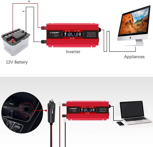 LVYUAN 1000W Car Power Inverter 12V to 110V DC to AC with 2 US Sockets, Cigarette Lighter, LCD Display, USB Ports for Car, Home,Outdoor, Camping in Kuwait