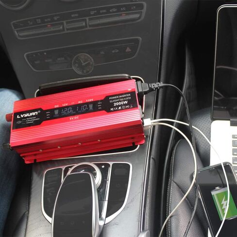 LVYUAN 1000W Car Power Inverter 12V to 110V DC to AC with 2 US Sockets, Cigarette Lighter, LCD Display, USB Ports for Car, Home,Outdoor, Camping in Kuwait