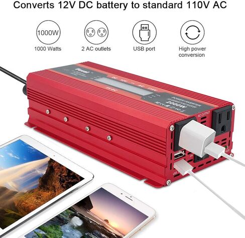 LVYUAN 1000W Car Power Inverter 12V to 110V DC to AC with 2 US Sockets, Cigarette Lighter, LCD Display, USB Ports for Car, Home,Outdoor, Camping in Kuwait