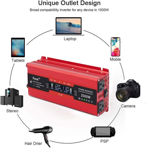 LVYUAN 1000W Car Power Inverter 12V to 110V DC to AC with 2 US Sockets, Cigarette Lighter, LCD Display, USB Ports for Car, Home,Outdoor, Camping in Kuwait