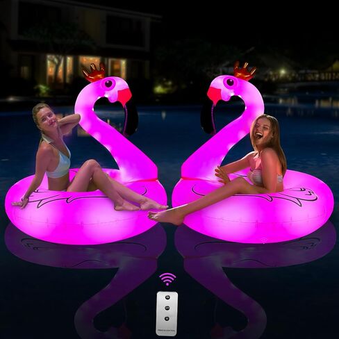 42" Inflatable Flamingo Pool Float with Lights, Solar Powered Flamingo Swim Tube Rings, Large Pool Beach Floaties Lake and Beach Floaty Summer Pool Raft Lounge for Adults in Saudi Arabia