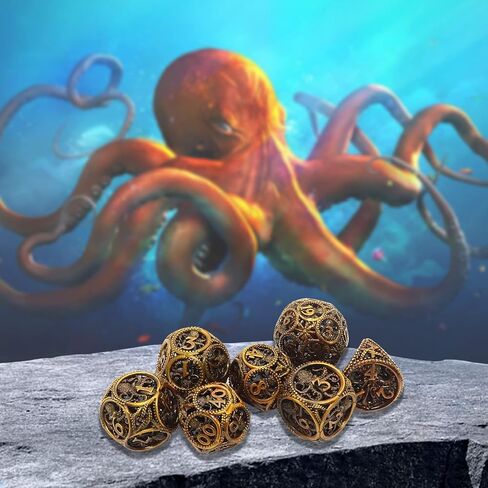 UBEUCK 7pcs Metal Dice，Hollow Dice DND Dice Set，Octopus DND Dice,Polyhedral Metal Dice，Unique Role-Playing Dice，Suitable for Dungeons and Dragons TTRPG Gaming 。 (Octopus Blue) in Kuwait