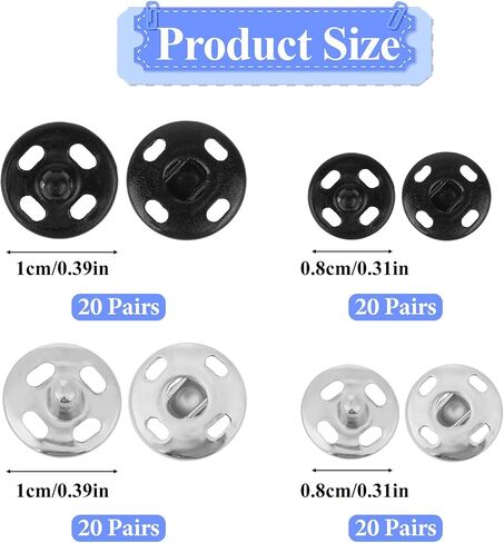 160 Sets Sew-on Snap Metal Buttons Fasteners Buttons Invisible Button Snaps Sewing on Snap Buttons Round Black & Silver Press Button Snaps for Fabric Sewing Shirts Sewing Clothing DIY Craft, 8mm 10mm in Saudi Arabia