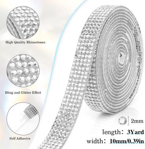 Silver Ribbons for Crafts Rhinestone Ribbon Self Adhesive 0.39 in 3 Yards Crystal Ribbon Rhinestone Strips Bling Rhinestone Trim Rhinestone Stickers for Car Phone Decoration DIY in Saudi Arabia