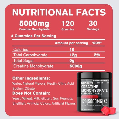 Premium Select Creatine HCL Gummies for Men & Women Pre Workout Gummy Low Sugar - Vegan - Gluten Free - 5g Creatine Per Serving - Bodybuilding Recovery Supplement to Increase Muscle Gain and Strength in Saudi Arabia