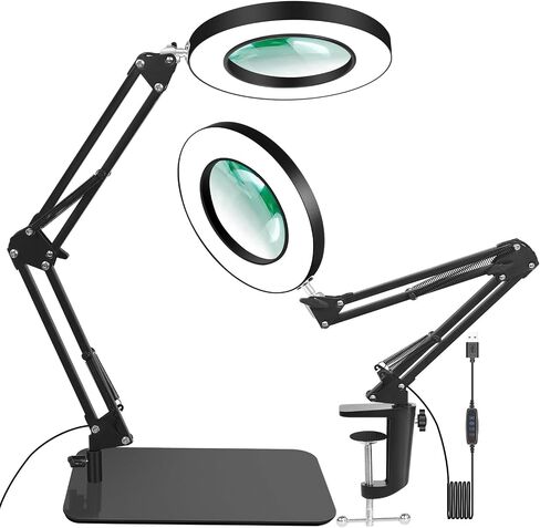 12X Magnifying Glass with Light and Stand, 2-in-1 Lighted Magnifier with Clamp 5 Color Modes LED Desk Lamp,Hands Free for Craft Hobby Reading Painting Sewing Close Work (5 Inches) in Saudi Arabia