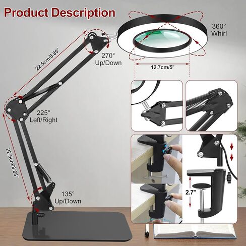 12X Magnifying Glass with Light and Stand, 2-in-1 Lighted Magnifier with Clamp 5 Color Modes LED Desk Lamp,Hands Free for Craft Hobby Reading Painting Sewing Close Work (5 Inches) in Saudi Arabia