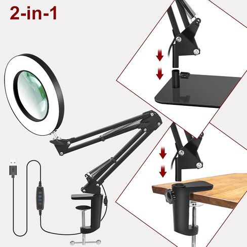 12X Magnifying Glass with Light and Stand, 2-in-1 Lighted Magnifier with Clamp 5 Color Modes LED Desk Lamp,Hands Free for Craft Hobby Reading Painting Sewing Close Work (5 Inches) in Saudi Arabia