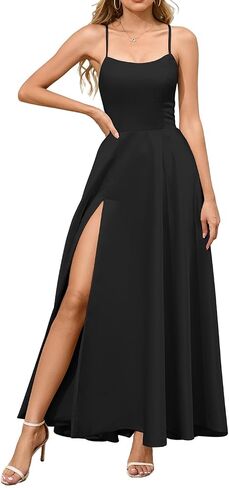 Women Satin Black Prom Formal Dress Elegant Slit Wedding Guest Evening Gown Party Dress Gala with Pocket in Saudi Arabia