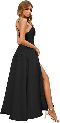 Women Satin Black Prom Formal Dress Elegant Slit Wedding Guest Evening Gown Party Dress Gala with Pocket in Saudi Arabia