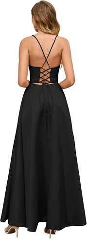 Women Satin Black Prom Formal Dress Elegant Slit Wedding Guest Evening Gown Party Dress Gala with Pocket in Saudi Arabia