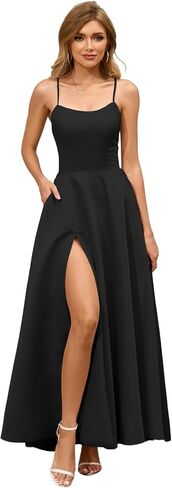 Women Satin Black Prom Formal Dress Elegant Slit Wedding Guest Evening Gown Party Dress Gala with Pocket in Saudi Arabia