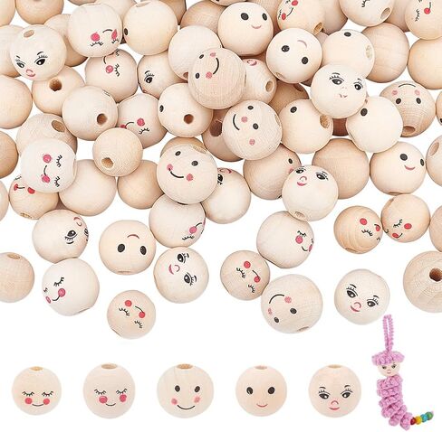 PH PandaHall 100 قطعة من الخرز الخشبي ذو الوجه المبتسم 20 مم خرز خشبي طبيعي خرز فضفاض مع خرز رأس الوجه لسوار قلادة مجوهرات مكرامية سلسلة مفاتيح ملاك حرفية لديكور عيد الميلاد، فتحة 4.7 مم in Kuwait