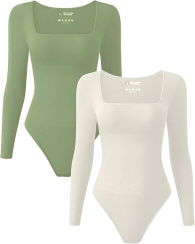 Women's 2 piece Long Sleeve Sexy Square Neck Shapewear Thong Bodysuit Tops Tummy Control Scoop Neck Shirts in Saudi Arabia