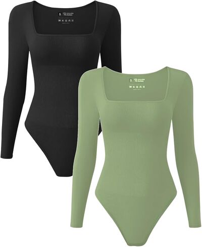 Women's 2 piece Long Sleeve Sexy Square Neck Shapewear Thong Bodysuit Tops Tummy Control Scoop Neck Shirts in Saudi Arabia