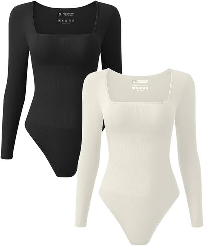 Women's 2 piece Long Sleeve Sexy Square Neck Shapewear Thong Bodysuit Tops Tummy Control Scoop Neck Shirts in Saudi Arabia