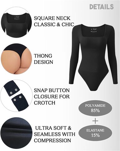 Women's 2 piece Long Sleeve Sexy Square Neck Shapewear Thong Bodysuit Tops Tummy Control Scoop Neck Shirts in Saudi Arabia