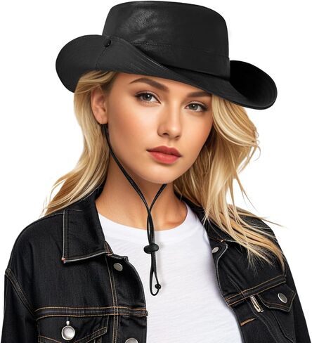 DOCILA Pu Leather Cowboy Hat Women Cozy Western Cowgirl Bucket Sun Hats Packable Fisherman Boonie Cap in Kuwait