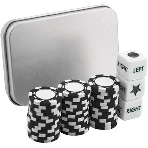 Left Right Center Dice Game Set with 3 Dices + 36 Black Poker Chips and Silver Storage Box
