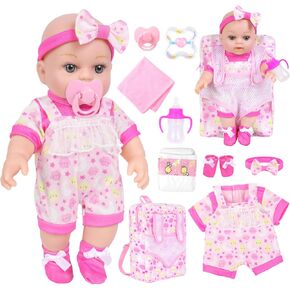 12 Inch Baby Doll Playset with Backpack and Dolls Clothes Accessories Includes Bottles, Nipple, Ringer, Diaper, Blankets
