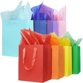MOXARYSU 8 Pcs Medium Gift Bags With Handles: 8x5x10 Rainbow Colour Gift Bags Kraft Paper Party Favor Bags With 16 Tissues For Kids Party,Birthday,Baby Shower,Wedding（8 Colors）