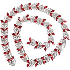 Rhinestone Chain Trim,1 Yard 2.3cm Glass Rhinestone Leaf Shape Flower Chain DIY Decoration for Clothing Accessories Wedding Dresses Necklaces Dresses (Bright Red)