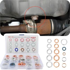 105PCS Car Oil Drain Plug Gaskets Assortment Car Parts Replacement,Crush Washer Oil Drain Plug Kit 15 Sorts for Sealing Connections,ID M10 M12 M14 M16 M18 M20 Crush Washer Assortment