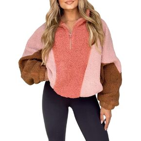 Tankaneo Womens Oversized Fleece Sweatshirt Quarter Zip Sherpa Pullover Winter Long Sleeve Color Block Tops
