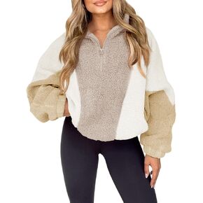 Tankaneo Womens Oversized Fleece Sweatshirt Quarter Zip Sherpa Pullover Winter Long Sleeve Color Block Tops