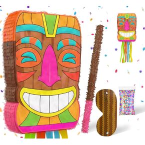 Tiki Piñata Mask Luau Party Decorations Small 4-piece Set, Great for Tropical Birthday Pool Party Decorations, Hawaiian Party Decorations, Summer Party & Beach Parties