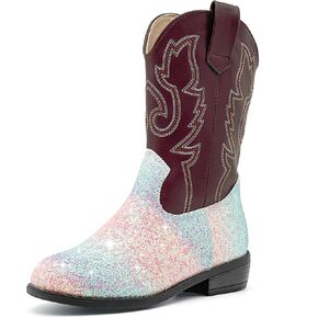 Girls Cowboy Boots Kids Embroidered Square Toe Mid Calf Glitter Western Cowgirl Boot Side Zipper Shoes