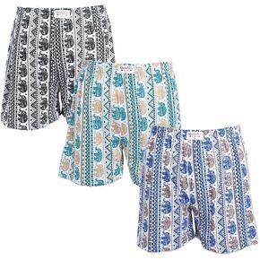 100Salueng Men Knitted Boxer shorts exotic elephant printed, Pack of 3, Blue, Green, Black.