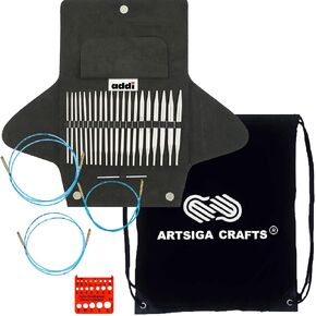 addi Click Turbo Basic 5-Inch Interchangeable Circular Knitting Needle Set Sizes US 4, 5, 6, 7, 8, 9, 10, 11, 13 and 15 with 3 Blue Cords, Black Canvas Case with Project Bag