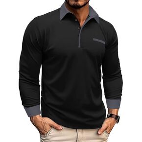 Men's Casual Polo Shirts Long Sleeve Golf Shirts Button T-Shirt Color Block Basic Tops with Decorative Pocket