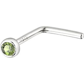 Solid 14K Gold L-Shape Stud Bezel Set Peridot 22G L-Bend Nose Stud - 14K White Gold / 14K Yellow Gold August Birthstone Nose Ring Stud