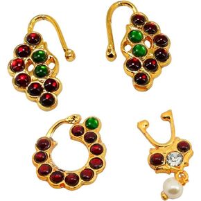VAMA FASHIONS Golden Bharatanatyam Dance Jewellery Nath Without Piercing Kempu Nose Ring Pin Nathiya For Women Girls