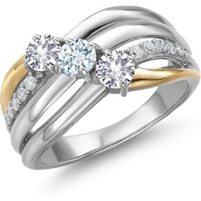 Gem Stone King 925 Silver and 10K Yellow Gold White Created Sapphire Sky Blue Aquamarine and Lab Grown Diamond Ring for Women | 0.90 Cttw |Gemstone Birthstone | Available in Size 5,6,7,8,9