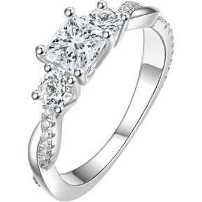 1-1/2 Carat (ctw) 3 Stone Moissanite Engagement Rings for Women Princess-Cut Platinum Plated Silver Ring Moissanite Rings (Available in size 6, 7, 8, 9)