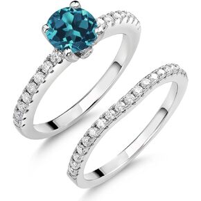 Gem Stone King 925 Sterling Silver Gemstone Birthstone and White Moissanite Wedding Engagement Band Bridal Set Ring for Women | Round 6MM and 1.3MM | Available in Size 5-9