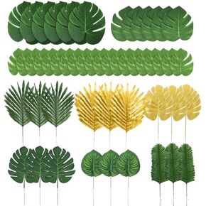 60 Pieces 4 Kinds Artificial Palm Leaves with Faux Stems Tropical Plant Leaves Monstera Leaves Safari Leaves for Hawaiian Luau Party Jungle Beach Table Leave Decorations