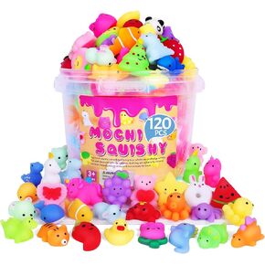 Squishy Toys Squishies,120 Pack Mochi Squishy Bulk Party Favors for Kids,Squishy Fidget Toys Stress Toys, Treasure Box Toys for Classroom Prizes,Goodie Bags Fillers with Storage Bucket
