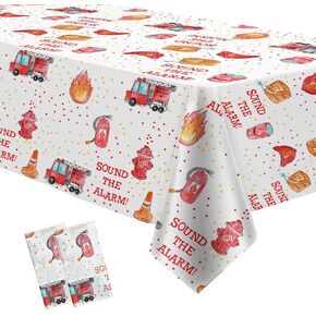 Fire Truck Birthday Party Tablecloth Supplies - Disposable Firefighter Party Table Cover Decorations, Firetruck Fireman Theme Birthday Baby Shower Table Cloth - 4 Pack (54in x 108in)