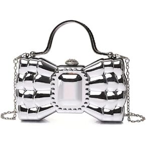 Cute Ladies Bow Knot Evening Clutch Acrylic Evening Handbag Metallic Texture Shoulder Purse for Prom Cocktail Party