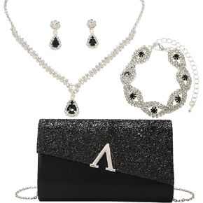 YYW 4 Pieces Women Evening Handbags Clutch Purse Bag with Rhinestone Crystal Jewelry Set for Wedding Party