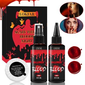 5PCS Halloween Fake Blood Makeup Kit, Fake Blood Spray 50ML + Dripping Blood 50ML + Coagulated Blood 1.41oz + Stipple Sponge + Cleansing Soap, Fake Blood Washable for Clothes Face Vampire SFX Makeup