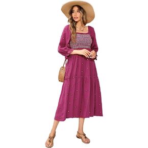R.Vivimos Women's Long Sleeve Cotton Boho Midi Dress Vintage Square Neck Floral Embroidered Tiered Ruffle Flowy Pockets Dress