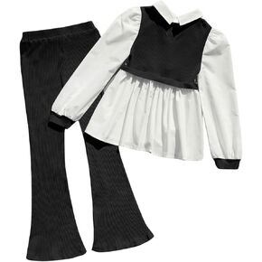 MakeMeChic Girl's Two Piece Outfits Rib Knit Collared Puff Sleeve Peplum Blouse Top and Flare Leg Pants Set