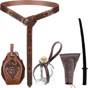5 Pcs Renaissance Belt Medieval Viking Leather Belt Pouch Potion Bottles Sword Frog and Plastic sworrd